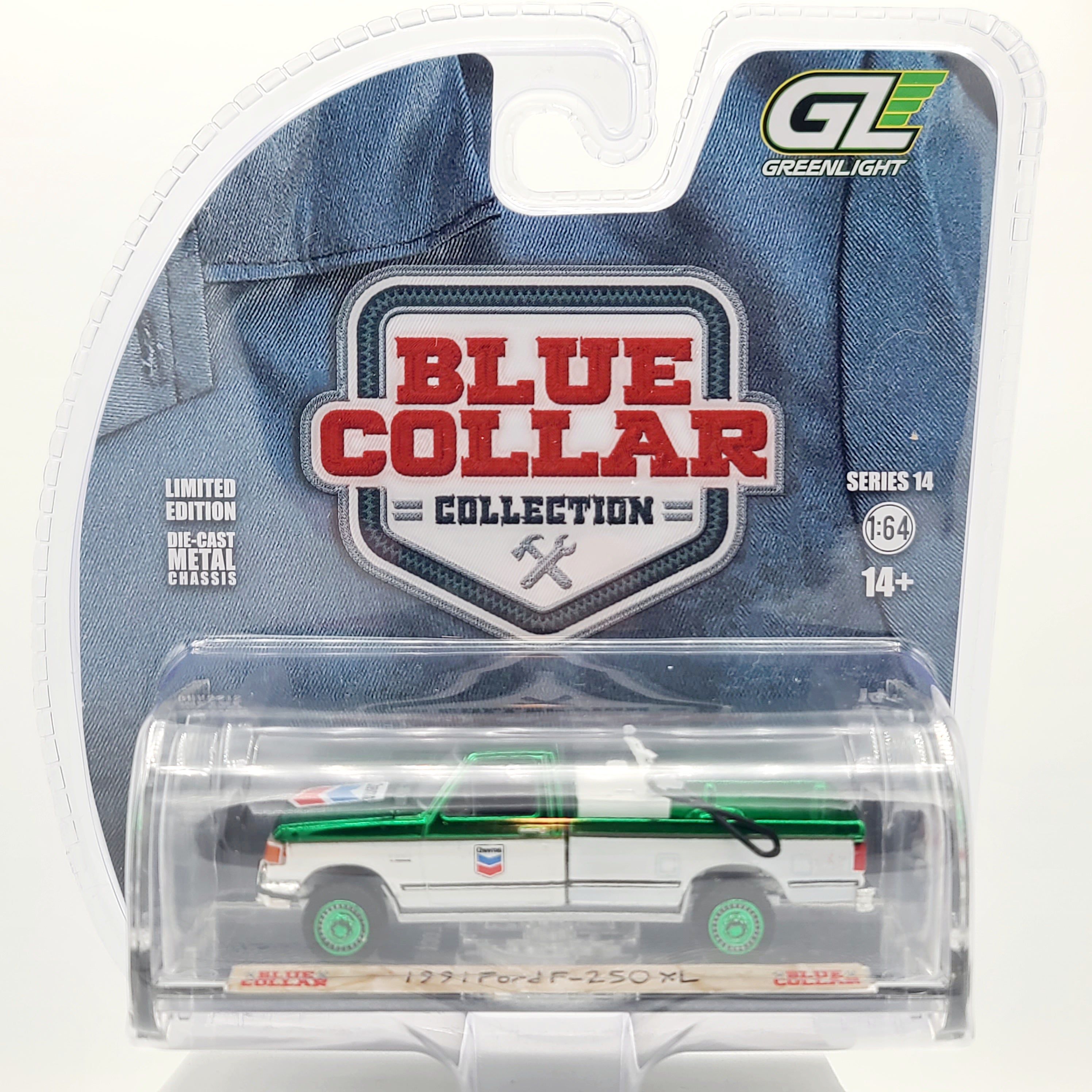 GreenLight - CHASE, GREEN CHROME - '91 Ford F-250 XL - 1:64, Chevron (2025 Blue Collar Series 14)